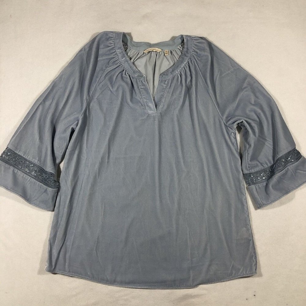 Soft Surroundings Top Womens Medium Blue Tunic Blouse Embellished Sleeve Velvet